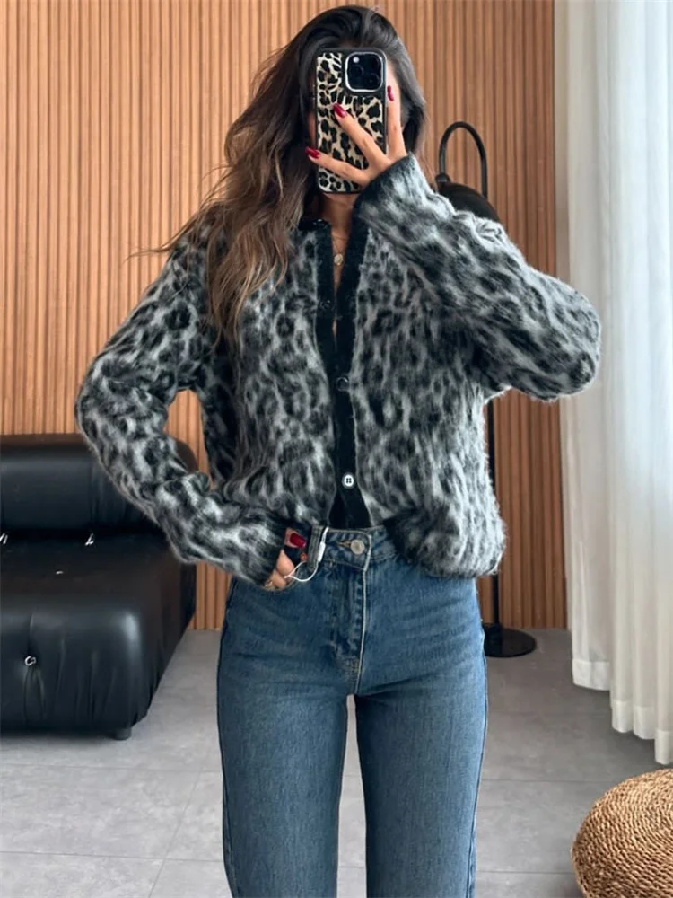 Suéter tipo cárdigan de leopardo para mujer, con estampado de moda en contraste, holgado, de manga larga, para ir al trabajo, cárdigan de otoño para mujer