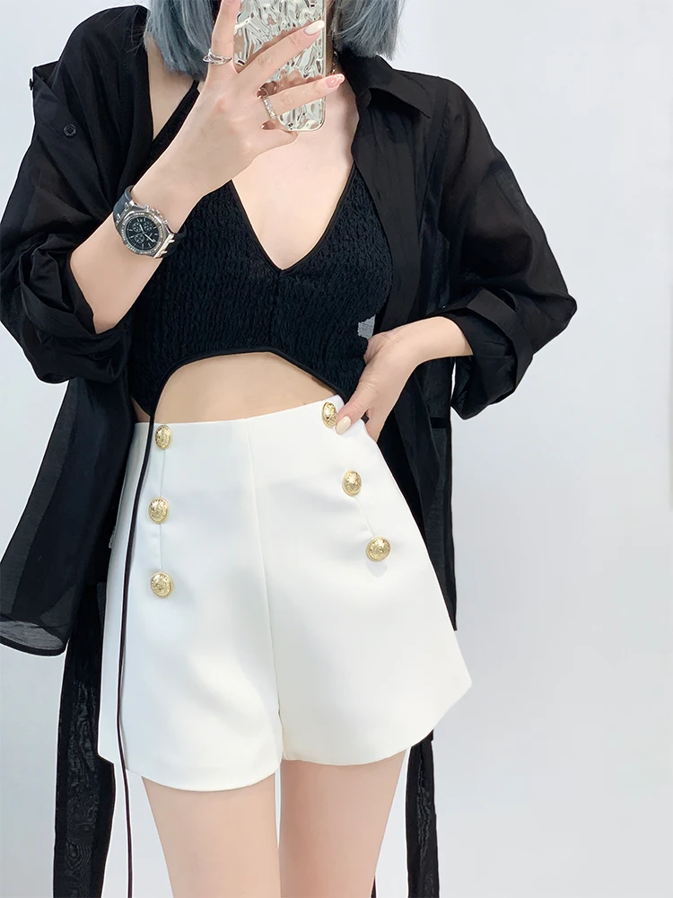 Spring 2024 New Stretch High Waist Black/White Shorts for Women Slim Metal Buttons Back Zipper Women's Suit Shorts