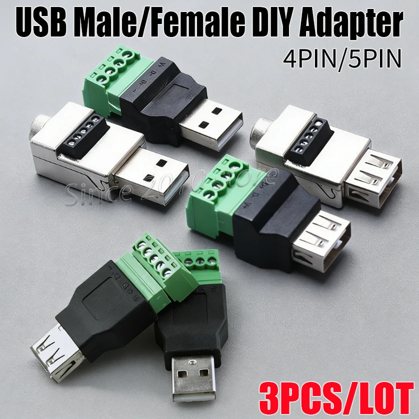 3 Stück/Set USB 2.0 lötfreier Adapter A-Typ Stecker/Buchse auf 4-Pin/5-Pin Schraubklemmen-Stecker, geeignet für DIY-Bausätze ohne Montage – Detail 1