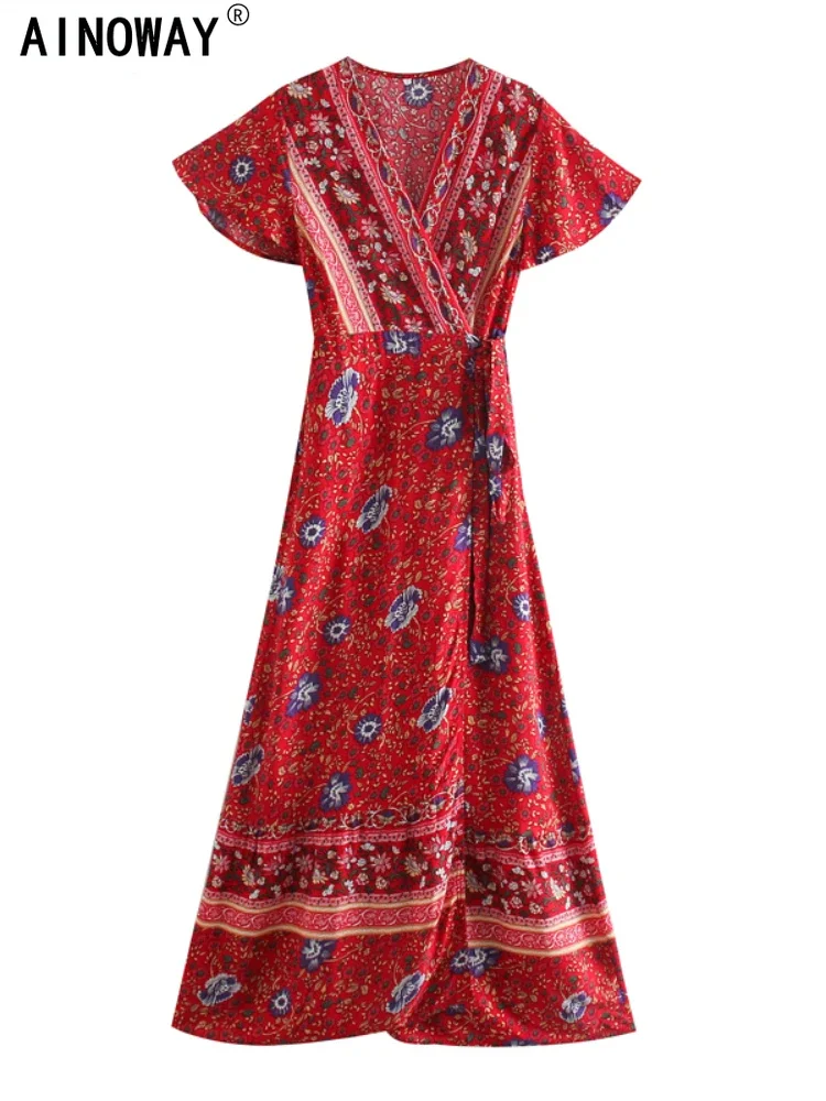 Sexy Short Sleeve V-neck Dress Bohemian Beach Vintage Floral