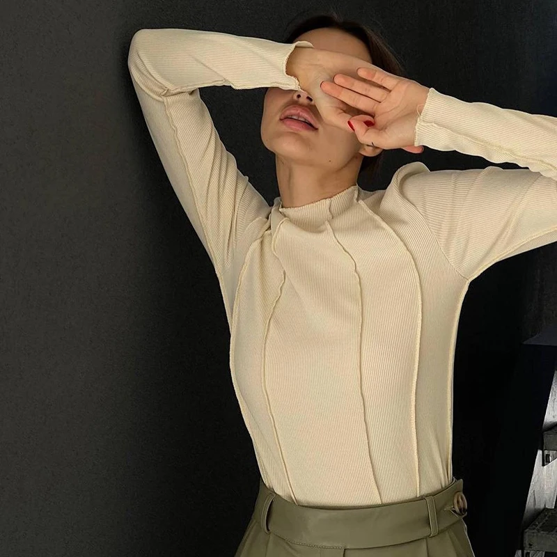 

Spring Autumn Women Ruched Long Sleeve T-Shirts Turtleneck Slim Fit Casual Pullovers Korean Fashion Streetwear Undershirt