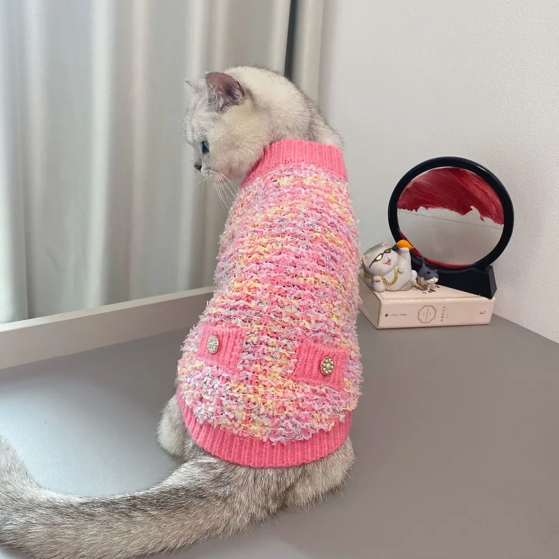 애완동물용 컬러풀한 스웨터, 두꺼운 나비 털실, 니트 가디건 스웨터, 개 고양이, 소형견용 테디 코트, 가을 및 겨울