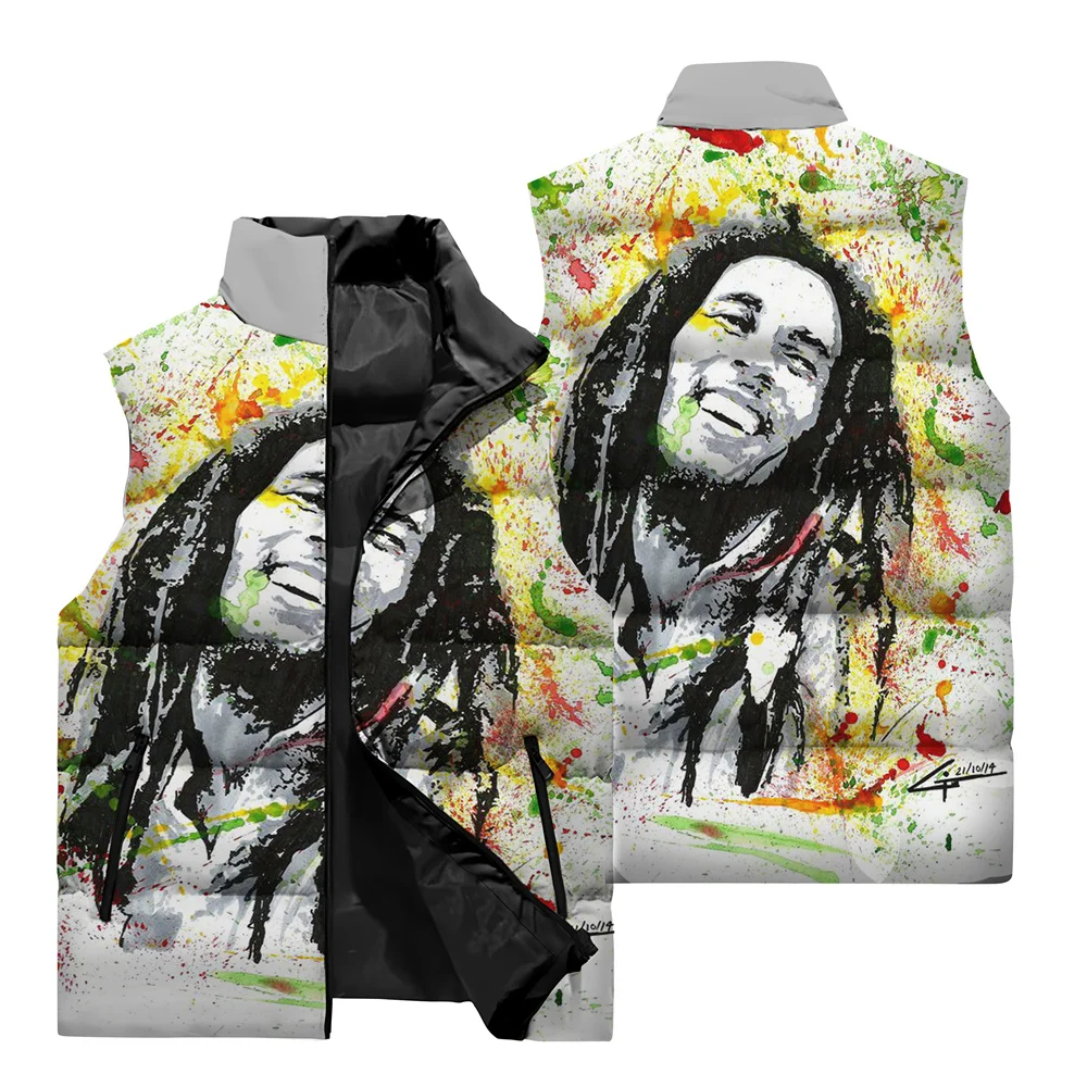 thumbnail image 1 of Chaqueta sin mangas con estampado 3D de Bob Marley Singer para hombre, para deportes al aire libre, estilo hip hop callejero, clásica, con cuello alto y cremallera, 1 of 5