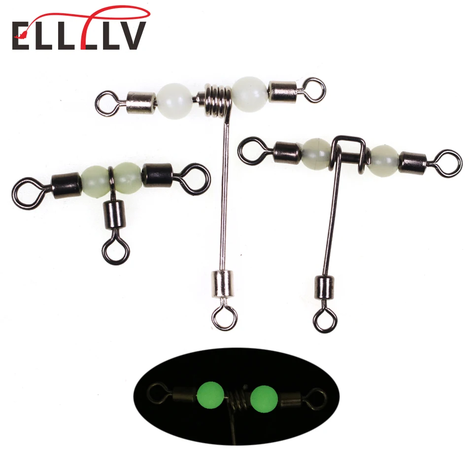 Ellllv 10pcs T-shape Cross-line Rolling Swivel With Luminous Beads 3 Way  Swivels Fishing Rig Line Lure Connector Accessories