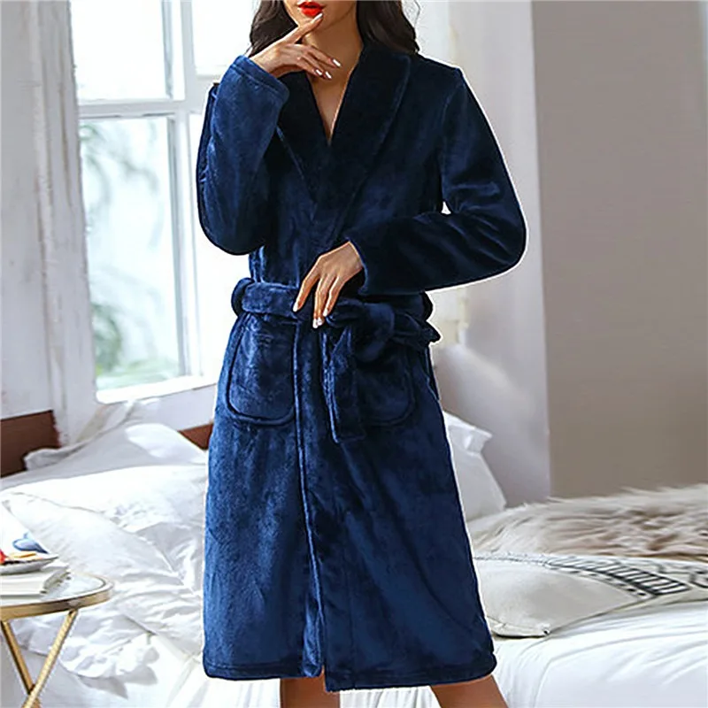 Thicken Warm Flannel Robe Winter Long Sleeve Plush Bathrobe Hooded Women Thicken Nightgown Lounge Sleepwear Bathing Homewear