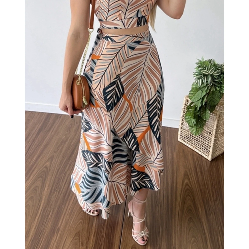 Summer Two Piece Set Women Dress Sets Floral Print Spaghetti Strap Vest Top & Lace-up Midi Skirt Sets Beach Outfits Suit Femme