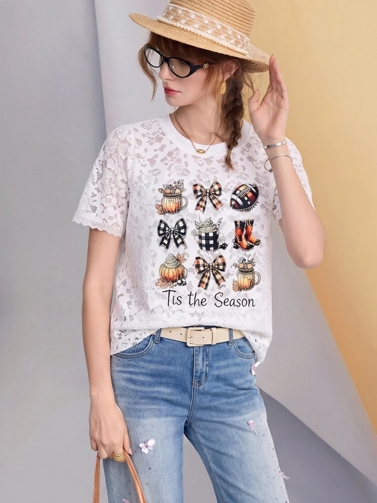 Women Black Lace Graphic Top Vintage Print Blouse Loose Fit Casual Streetwear Tee Shirt Fashion Summer Top 4