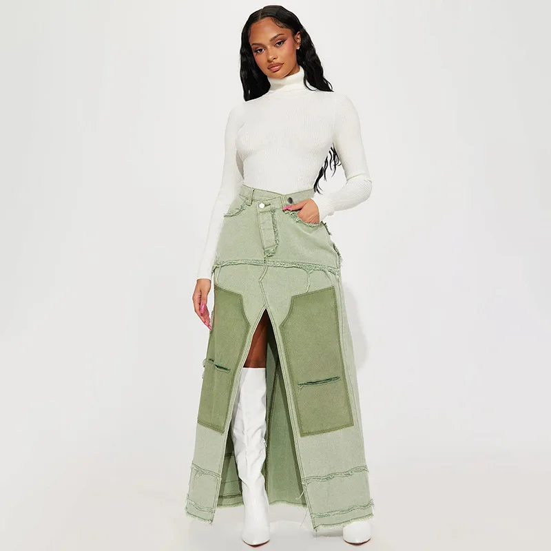 Denim Long Skirt Jean Dress Sexy Y2K Streetwear 2023 Women Winter Clothing Cargo Pocket Patchwork Dress Ripped Denim Skirts