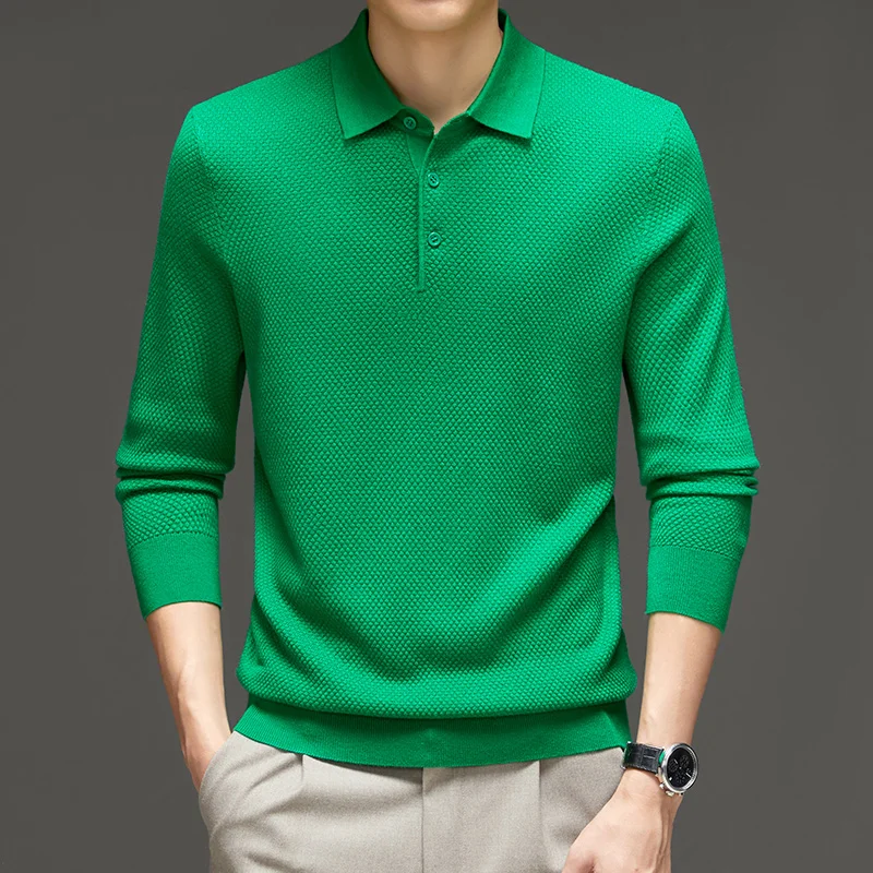 

Мужская Шерстяная трикотажная футболка, Повседневный свитер-поло с отложным воротником, трикотажная одежда для весны