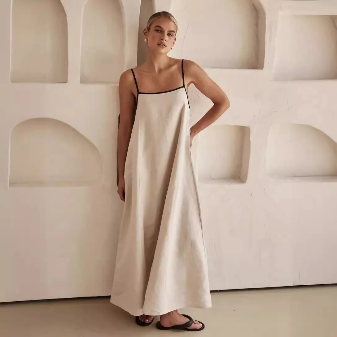 

Vintage Linen Maxi Dress Sexy Straps Sleeveless Loose Long Dress Summer Fashion Bohemia Casual Dress with Pocket 2024 Apricot