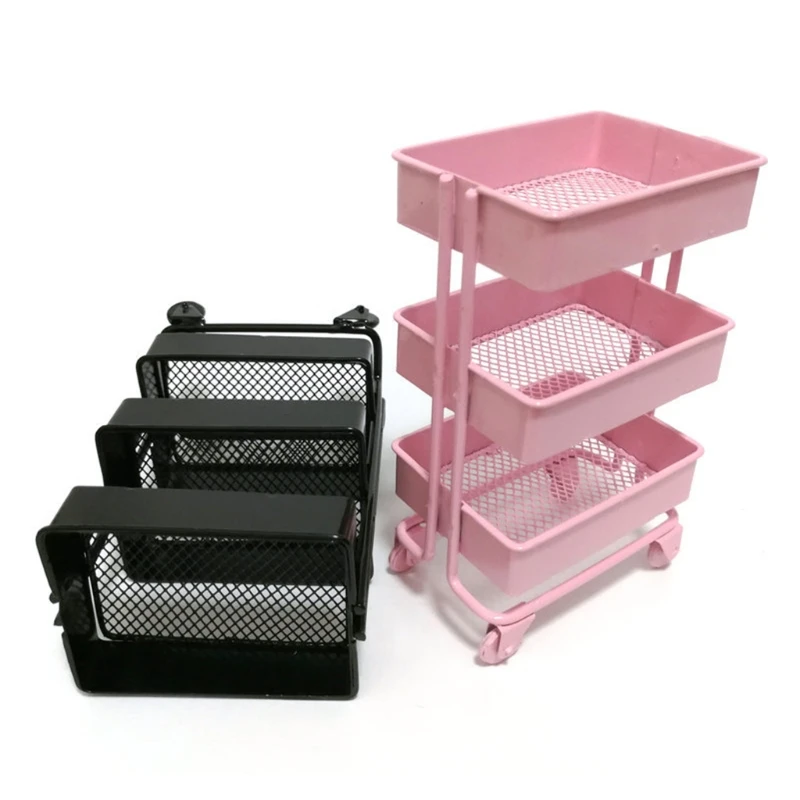 

H55A Dollhouse Furniture Accessories Miniature Iron Shelf Bookshelf With Wheels Rolling Utility Cart Rack Mini Scene Model