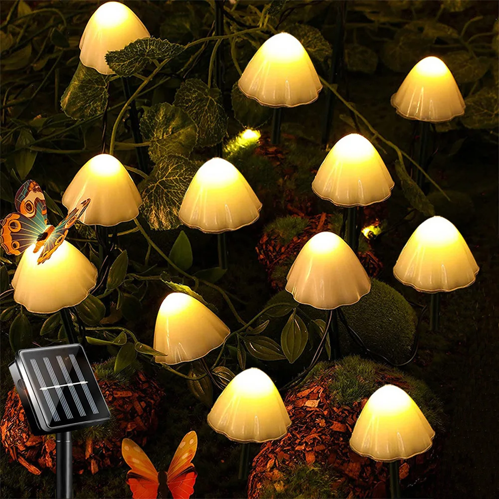 Solar Garden Lights Outdoor, 6M 12 LED Mushroom Solar Fairy String Lights Waterproof Pathway Solar Mushroom LED String Lights solar motion lights