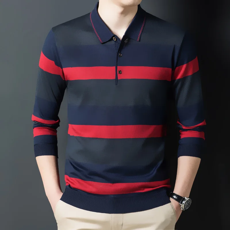 

Polo Autumn Winter Pullover New Men's Stripes Long Sleeve Knitted Button Shirt Business Casual Turn-down Collar Loose Tops