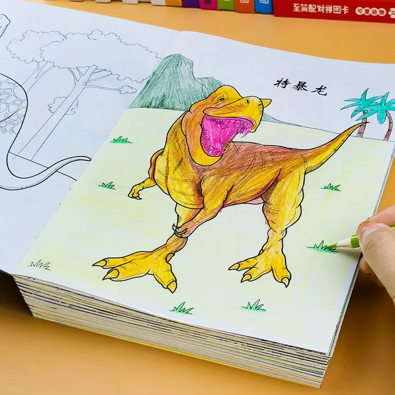 Livros adesivos com 6 volumes de dinossauro, para crianças, concentração  antiga, pintura de volume, desenho, arte