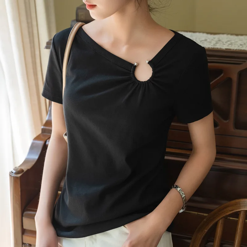 

HIgh Quality 2024 Women Tops oblique shoulde Pure Color Spring Summer T- Shirt Female Clothing Sexy Crop Top Clothes Blouse Y2k