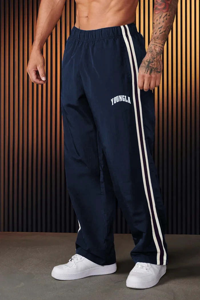 Men's sports pants with double striped patchwork printed casual runner mid waist straight leg pants 3