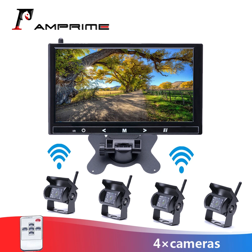 AMPrime 9 Inch Car Parking Monitor with 18 IR Rear View Camera 2.4 GHz wireless Transmitter Receiver Kit for Truck Trailer Bus car tv monitor