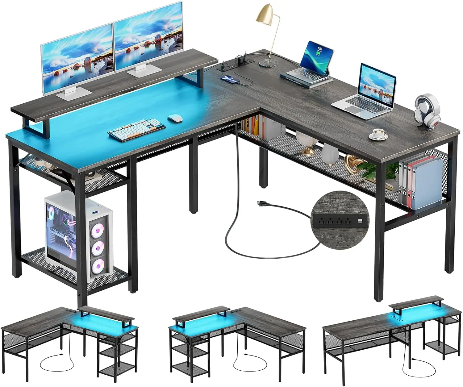 Unikito L Shaped Computer Desk with Magic Power Outlets and Smart LED Light, Reversible 55 Inch Corner Office Desk with Monitor 2mp 4ch 24h full color night vision cctv ahd camera kit 1080p hd outdoor street light waterproof monitor security system cam set