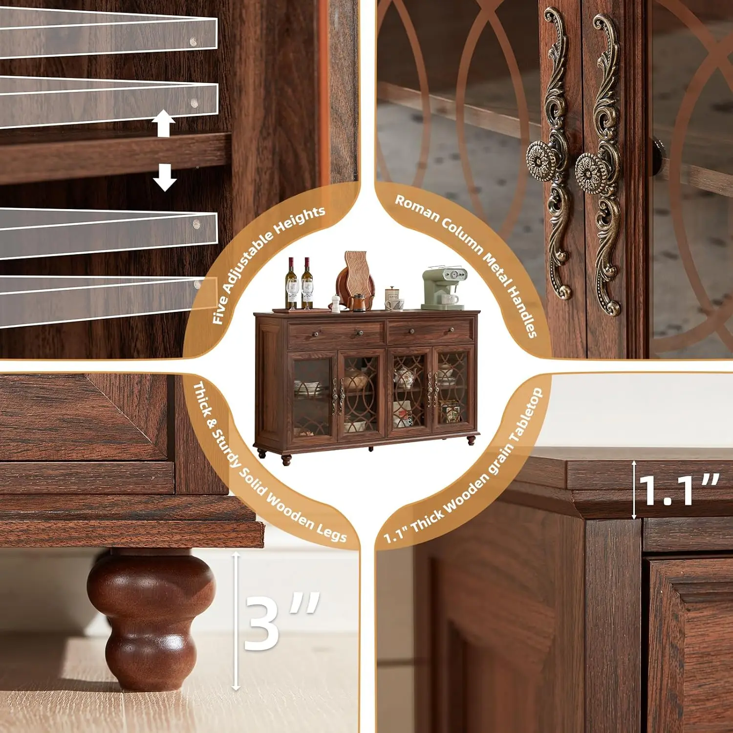 Farmhouse Sideboard Buffet Cabinet with Storage,59" Large Credenza with 4 Glass Doors & 2 Drawers,Adjustable Shelves Console Tab