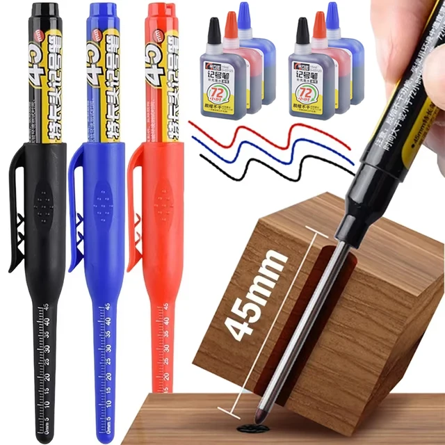 1-6Pcs Multi-Purpose 45mm Deep Drill Hole Long Nib Marker Pens Waterproof for Bathroom Woodworking Long Head Carpenter Pen 1