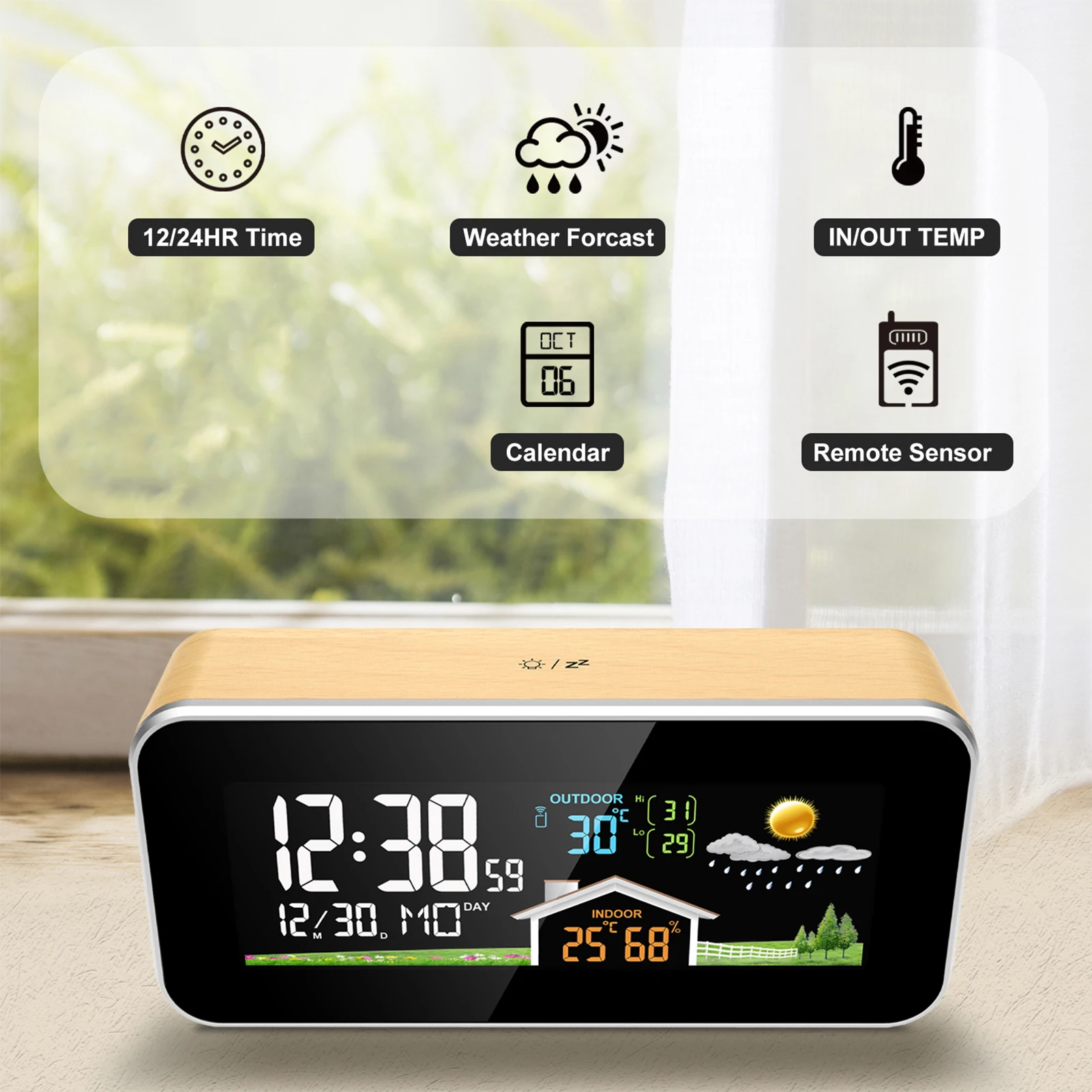 Wireless-Weather-Station-Wooden-Alarm-Clock-Digital-Thermometer ...
