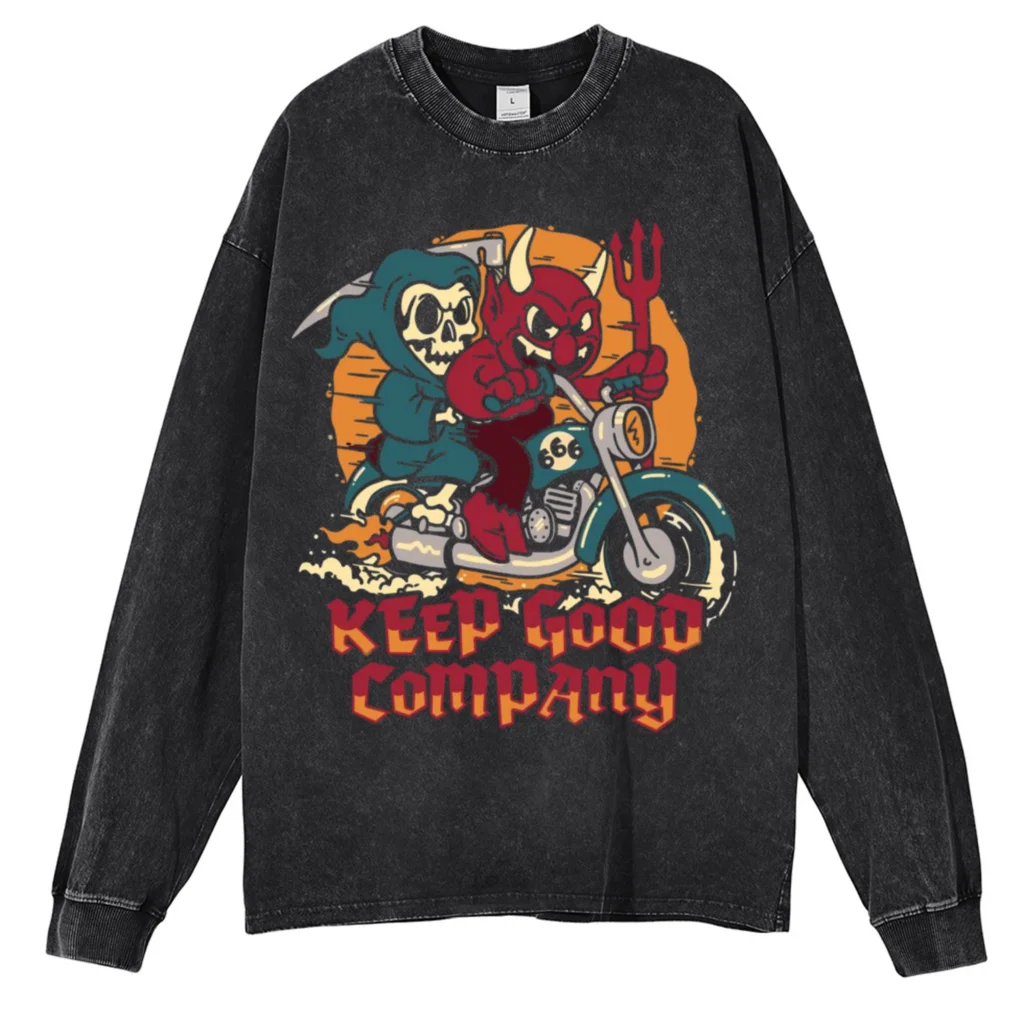 

Old washed denim cartoon printed long sleeved sweater for men and women's couples, autumn and winter new pure cotton sweater