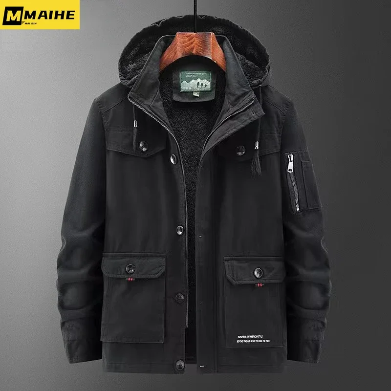

2023 Winter Parka Men Fleece Thick Warm Hooded Military Jacket Male Vintage Tactical Autumn Fashion Solid Khaki Field Windproof