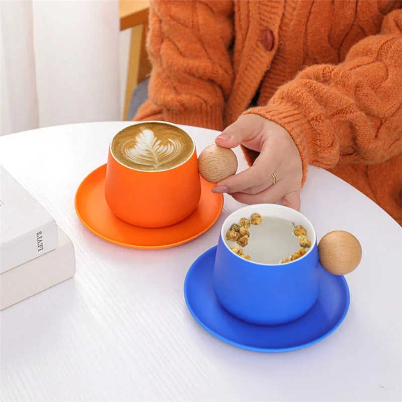 

Nordic Ins Light luxury ceramic Coffee Cup Saucer Set Simple Afternoon Tea Macaron Ceramic Mug with wood ball handle