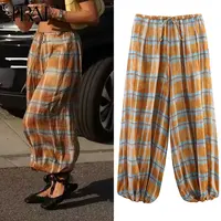 2025 Women's Pants Check Balloon Trousers for Woman Mid-Rise Elasticated Drawstring Waistband Loose Comfort Casual Pants