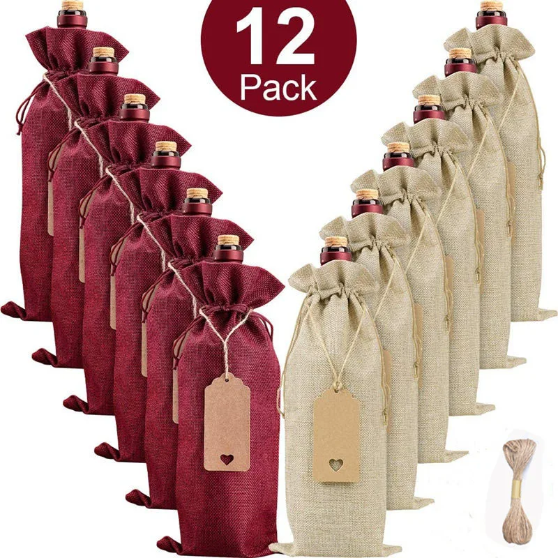 

12 Sets Christmas Red Wine Bottle Covers Party Gift Bag Drawstring Bag Champagne Bottle Wrapping Bags with Linen Rope Tags