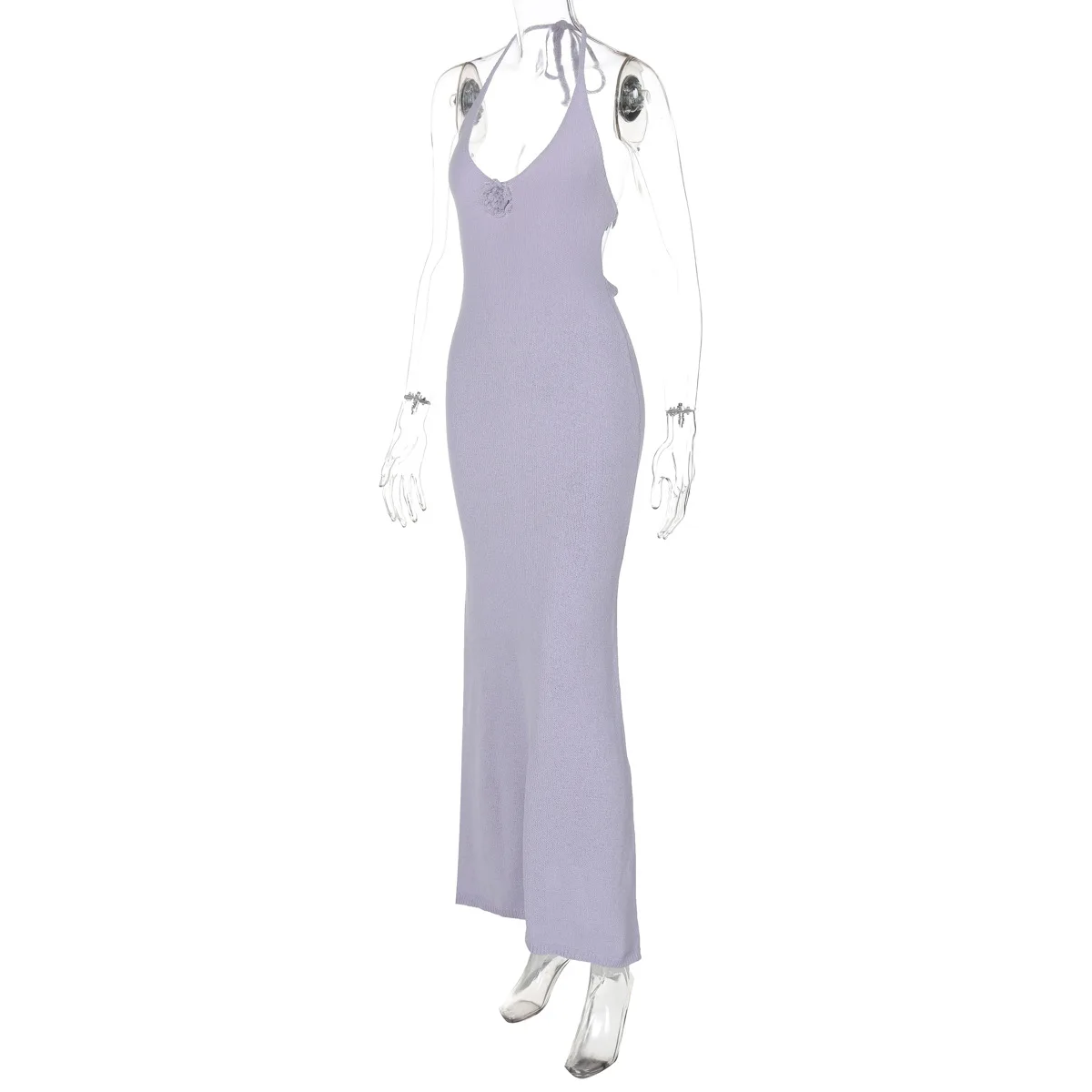 Autumn Floral Knit Long Dress Women's Hollow Out Lace-Up Scoop Neck Slim Patchwork Holiday Beach Dress Knitwear Maxi Dress