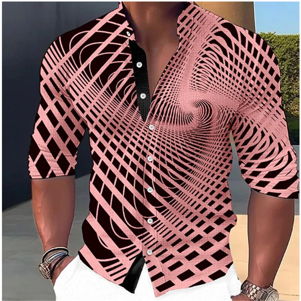 

Summer New Men's 3D Abstract Checker Printed Standing Neck Button Long Shirt Party Designer Men's Clothing S-6XL