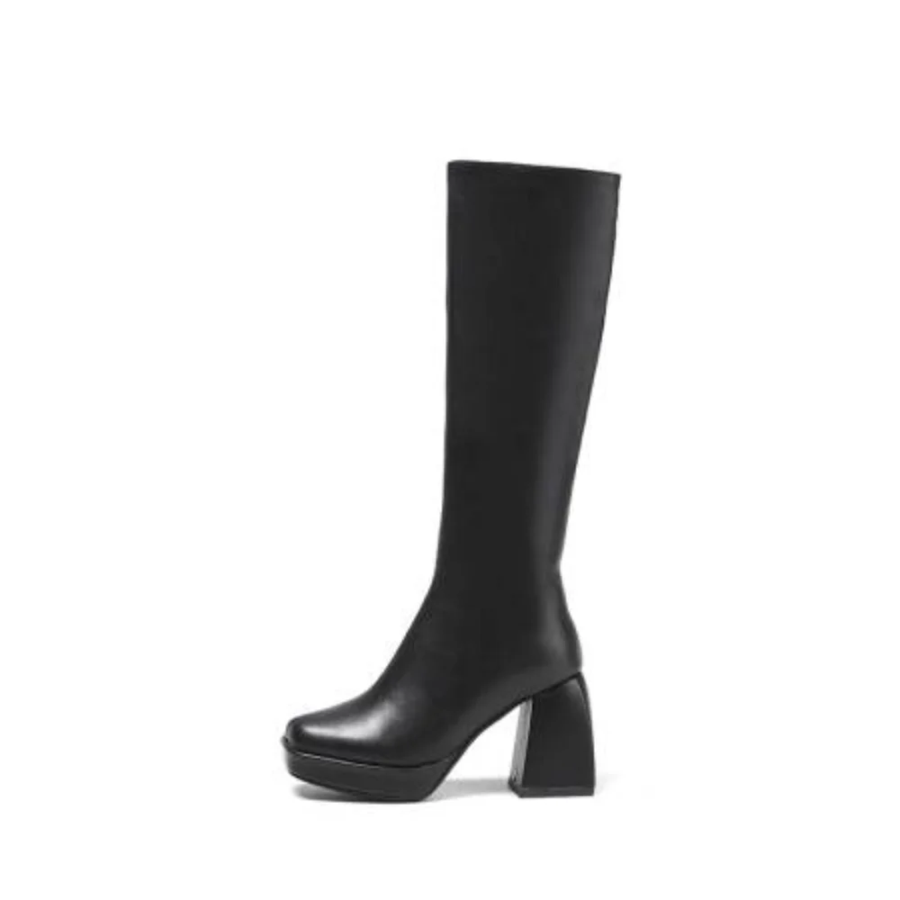 

BLXQPYT Women Genuine Leather Knee High Boots Square Toe Chunky High Heel Ladies Pleated Long Boot Autumn Winter Shoes 33-43