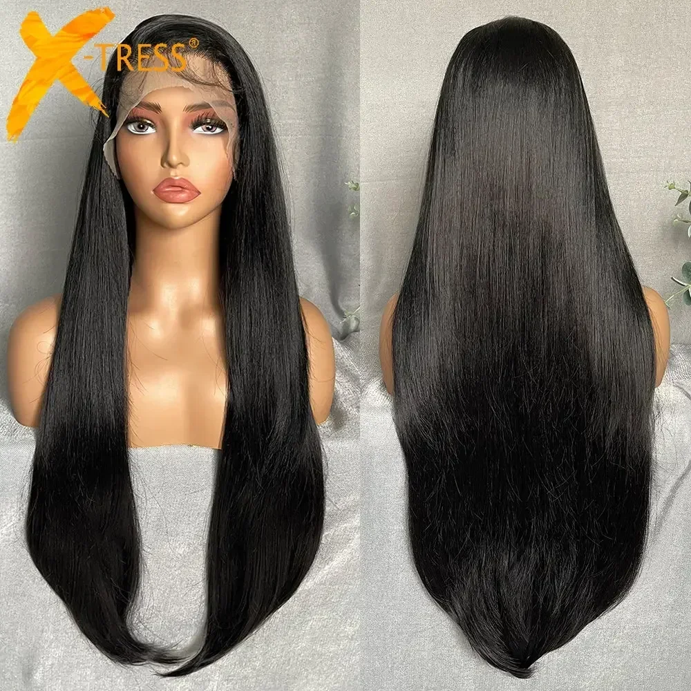 X-TRESS Long Straight Layered Wigs 13X4 Lace Frontal Free Part Synthetic Hair Wig with Baby Hair For Women 32inch Black Colored 80cm 32inch photography light reflector 5 in 1 translucent silver gold white black collapsible multi disc