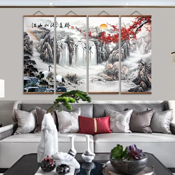 MT0930 Chinese Style red plum mountain flowing water Canvas Bedroom Living Room Wall Art Posters Solid Wood Scroll Paintings 1