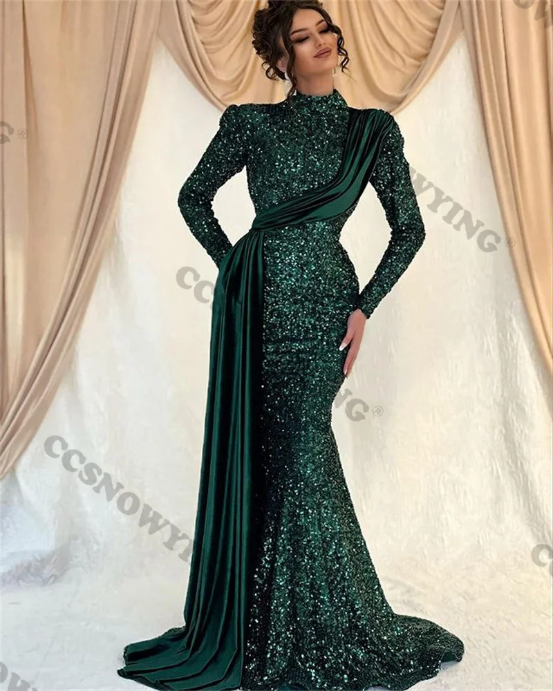 

Sparkly Sequin Satin Hijab Muslim Evening Dresses Long Sleeve Islamic Formal Party Gowns Arabic Kaftan Women Robes De Soirée