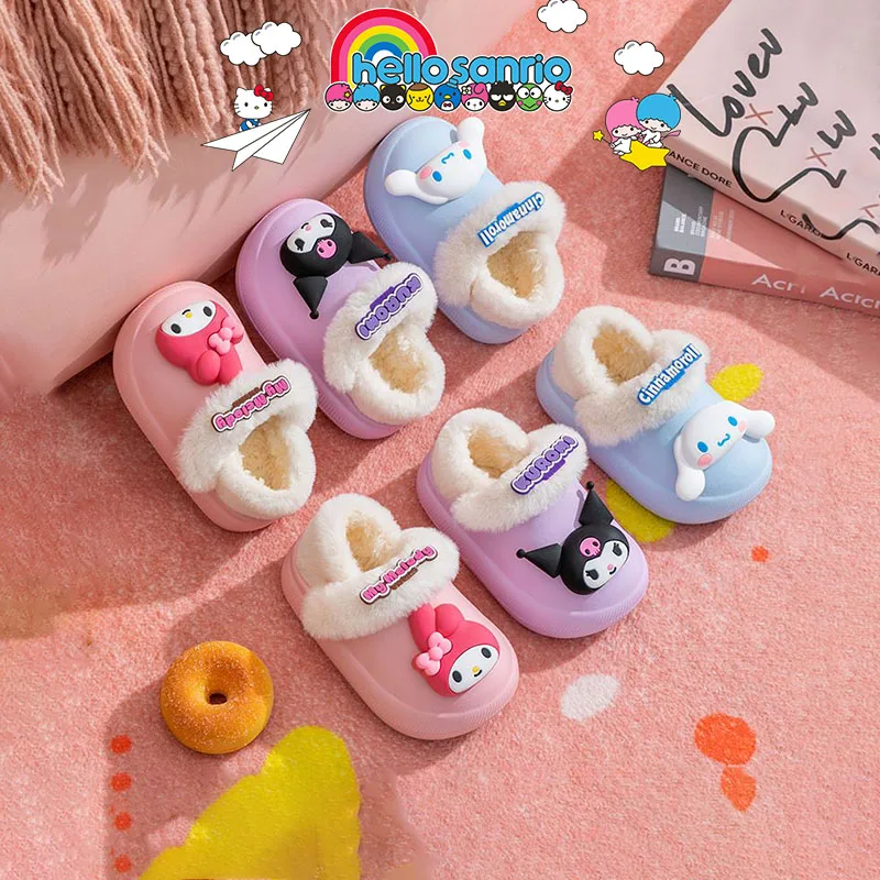

Sanrio Anime Kids Cotton Slippers Fall and Winter Kawaii Kuromi My Melody Cinnamoroll Waterproof Warm Cotton Shoes Girls Gift