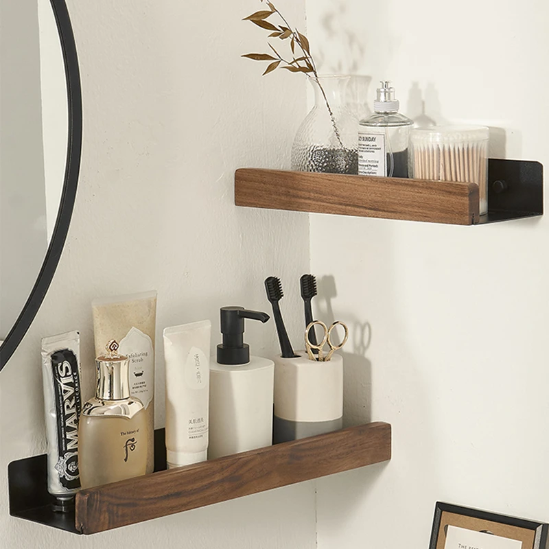 Bathroom Rack Wall-mounted Shower Room Toilet Shampoo Shelf Cosmetic Storage Multi-purpose Shelf Solid Wood