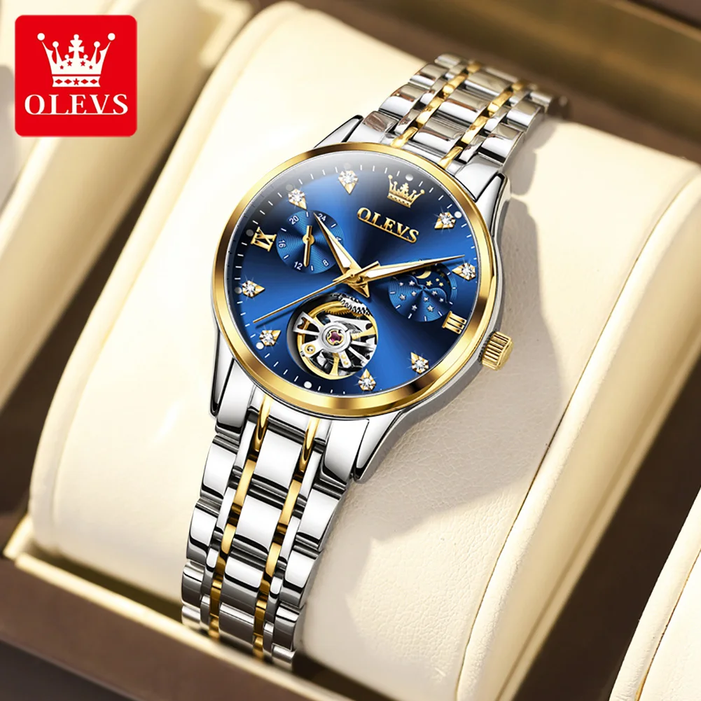 

OLEVS Original Women's Luxury Watches Automatic Mechanical Wristwatches Waterproof Skeleton Moon Phase Watches For Women 6608