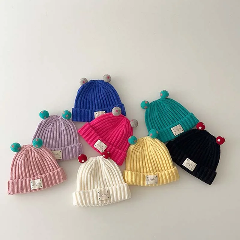 

Cute Pom Kids Beanie Caps With Label 2023 Autumn Baby Knitted Hat Korean Bonnet Caps For Boys Girls Ear Protectors Warm Caps