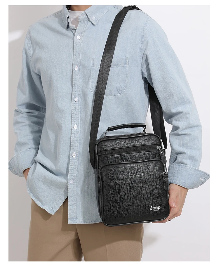 JEEP BULUO Brand Genuine Leather Men Shoulder Bags Black High Quality Male Cow Leather Crossbody Tote Handbags Business Fashion