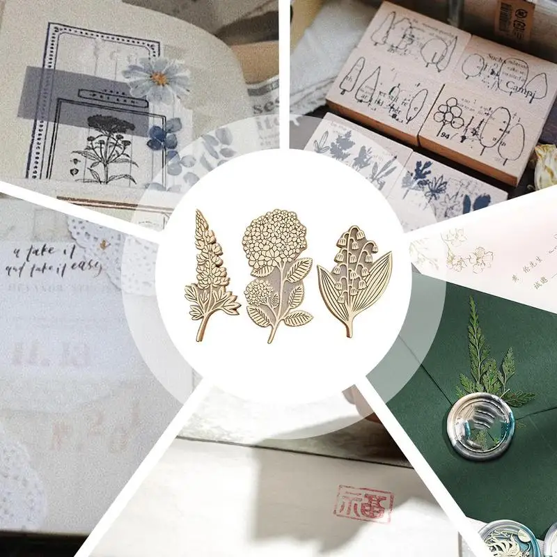 Wooden Stamps For Kids Vintage Wood Scrapbook Seal 3pcs Retro Plant Floral Seal Clear Pattern Stamps For Stationery Handbook