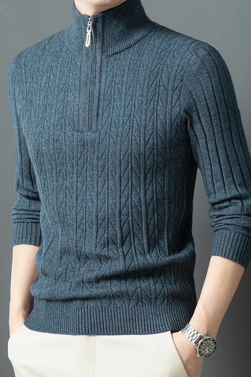 Men's Autumn and Winter Half High Neck Zipper Thick Solid Color Sweater Casual with Warm Knit Sweater Base Shirt 6