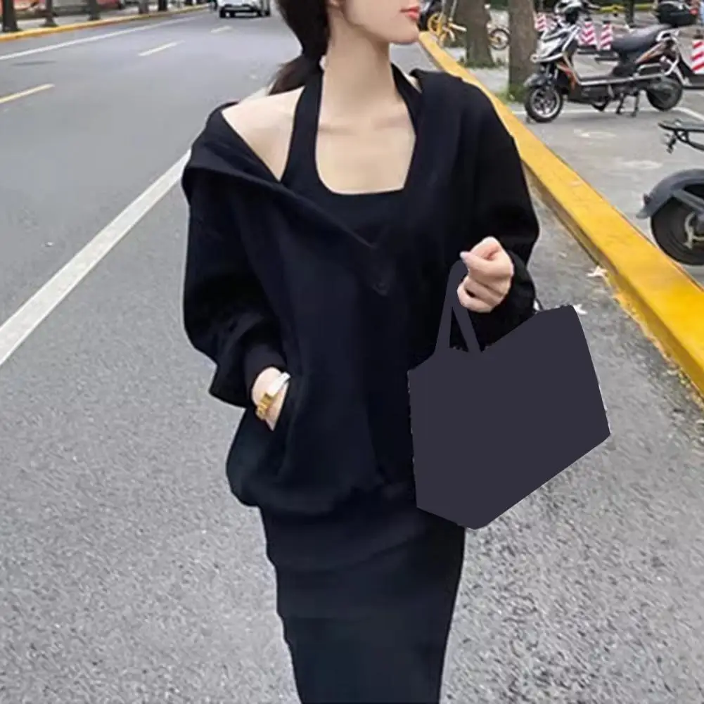 2pcs/Set Women's Hoodie Dress Set V Neck Hooded Long Sleeve Loose Top Solid Color Dress Top Set