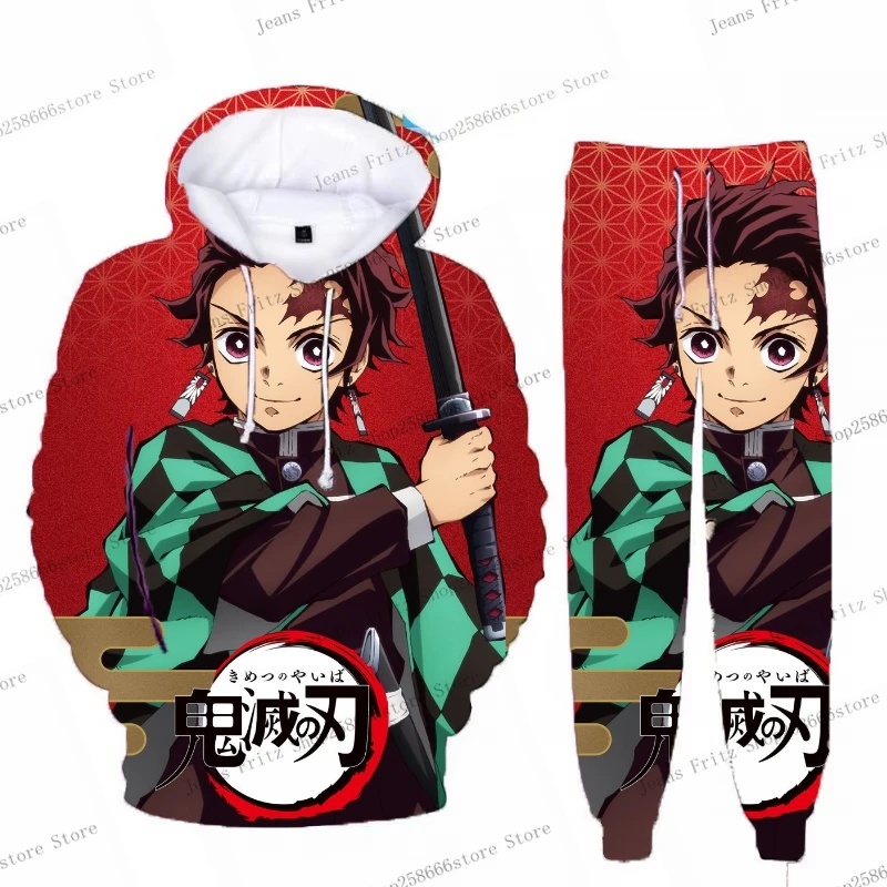 Anime Demon Slayer Hoodies 3D Printing Cosplay pants+Hoodie 2PCS Set Tracksuit Men Women Oversize Streetwear Hoodie Pants Sets 3