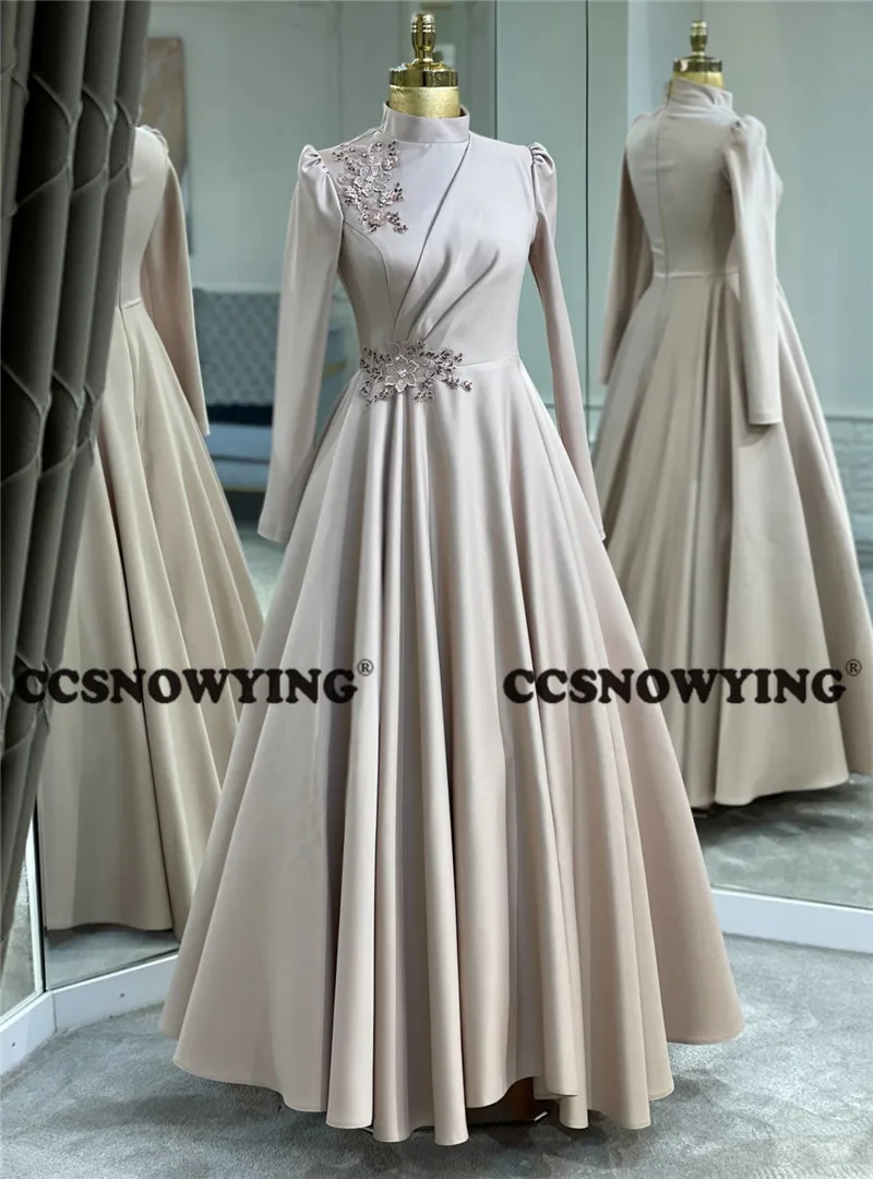 

Satin Appliques Long Sleeve Muslim Evening Dress High Neck Islamic Formal Party Gown Hijab Women Arabic Kaftan Robe De Soiree