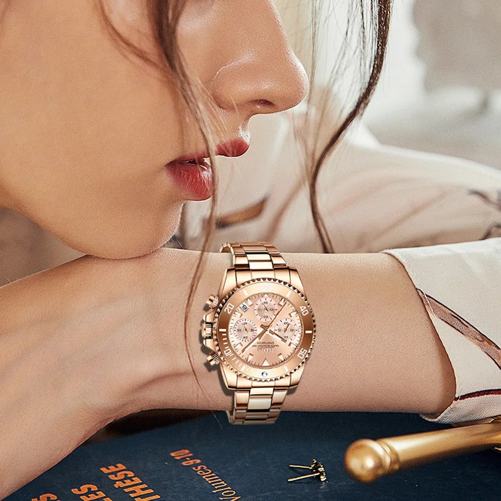 Top Brand BIDEN Women Dress Watches Rose Gold Chronograph Fashion Elegant Business Quartz Lady Wristwatch Stainless Steel Clock