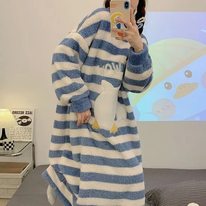 

Flannel Dress Long Gowns Women Winter Warm Kawaii Nightgowns Coral Fleece Pajamas Sleepwear Thick Big Size Negligee Lounge Wear