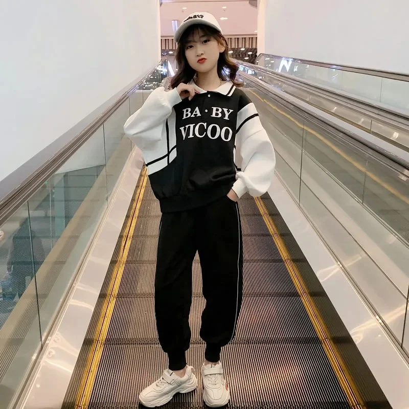 여아용 용수철 운동복 세트, 어린이 유행 투피스 세트, 긴 바지, 면 소재, 중간 대형 어린이용 적합