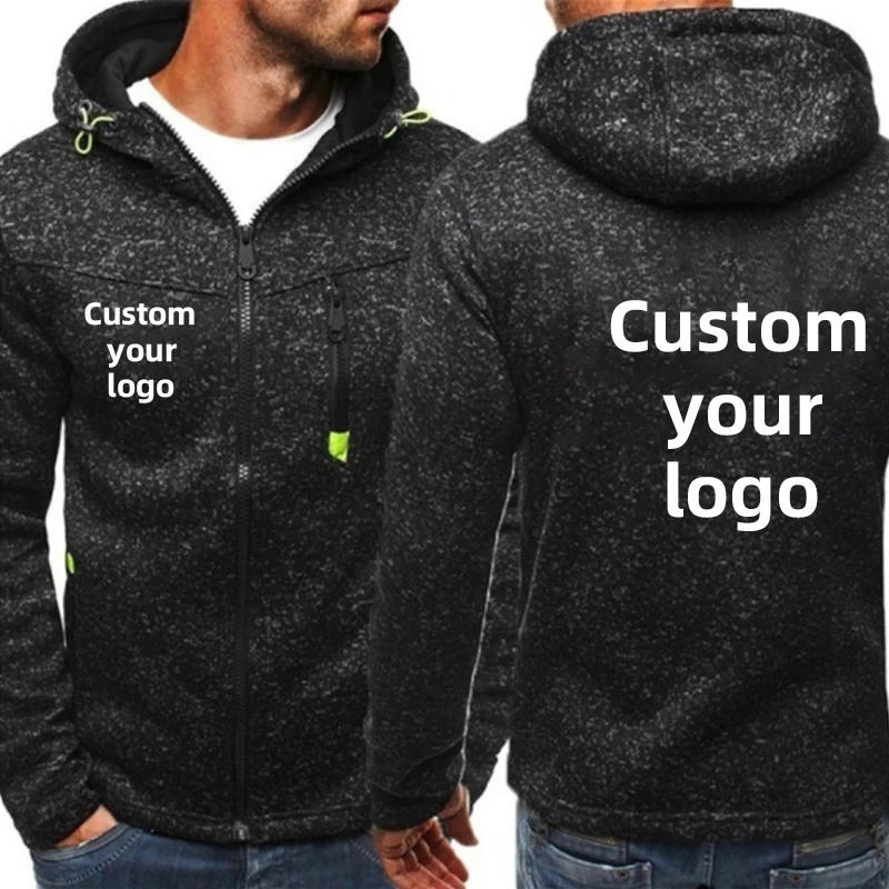 Custom Logo Men's Hoodie with Side Zipper Pockets Thin Wool Solid Color Tracksuit Casual Long Sleeves Outdoor Hooded